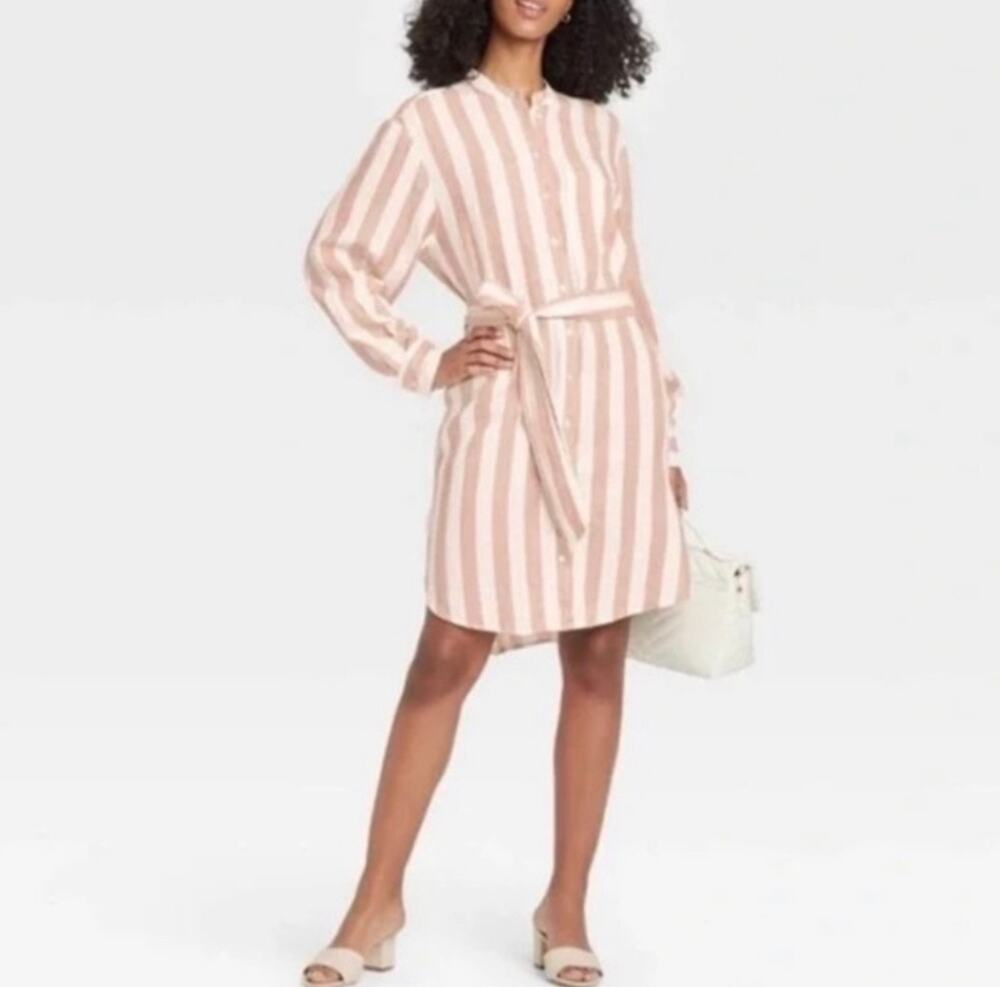A New Day Linen Blend Striped Button Up Long Sleeve Dress Size XXL Cream